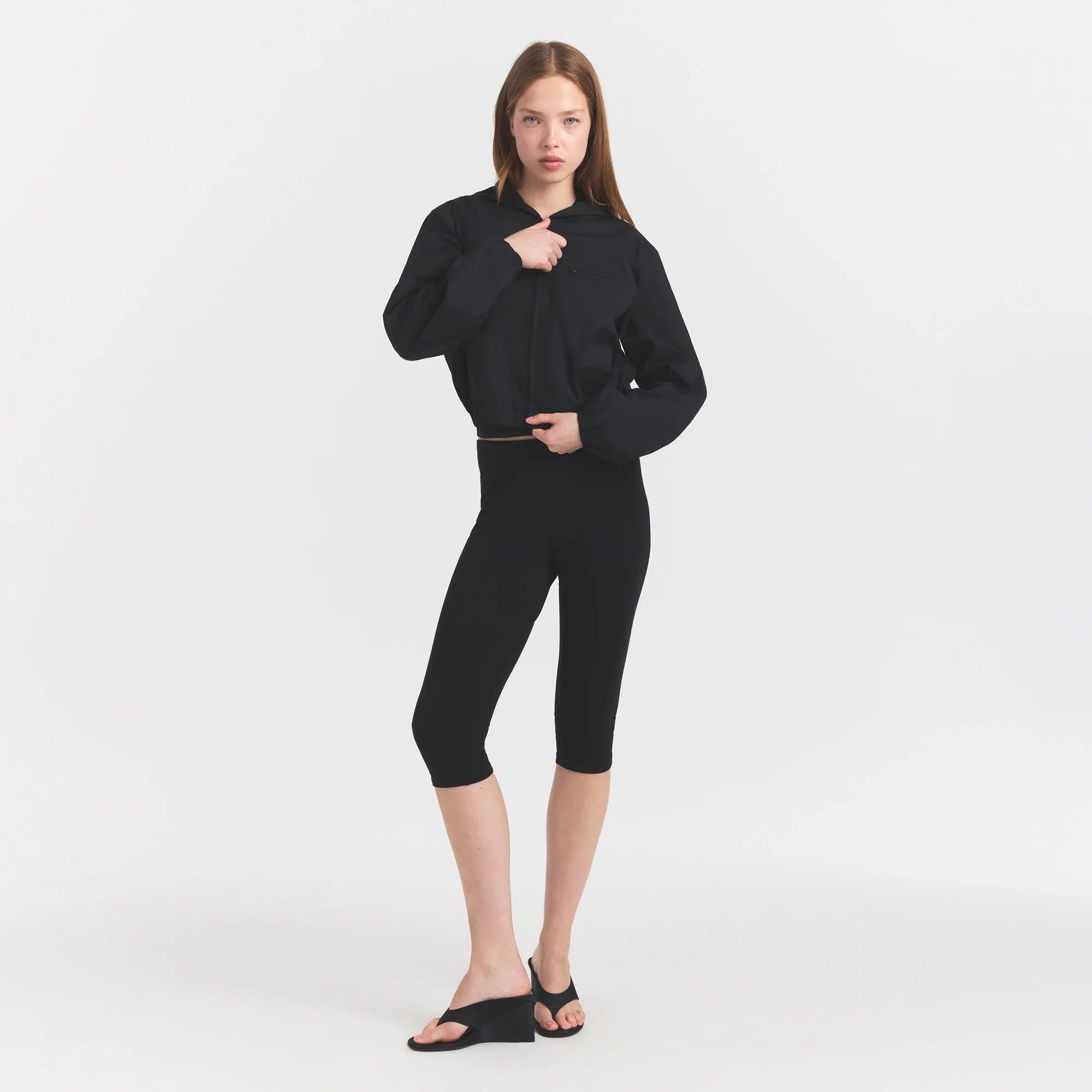 Woven Cotton Cropped Zip Up Jacket