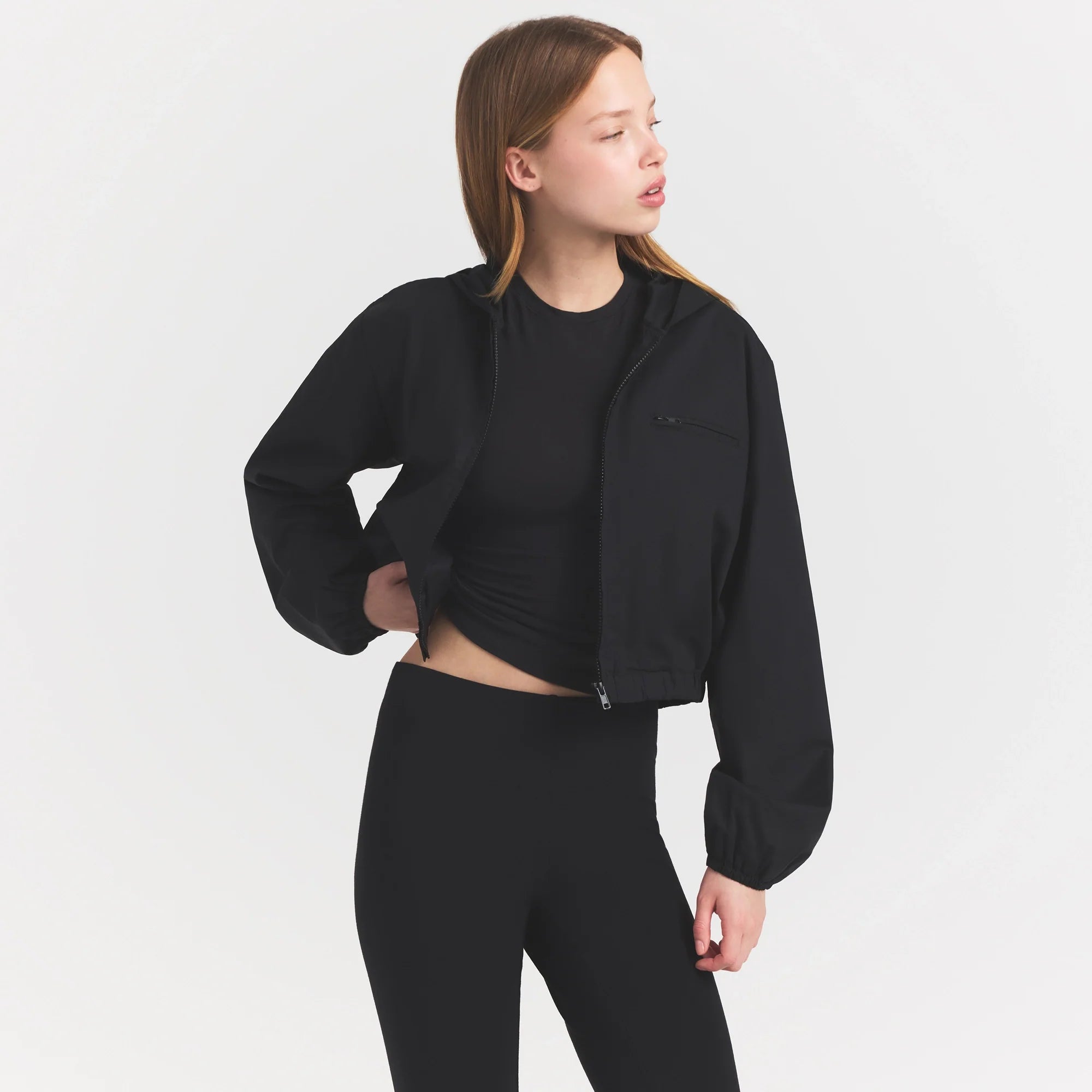 Woven Cotton Cropped Zip Up Jacket