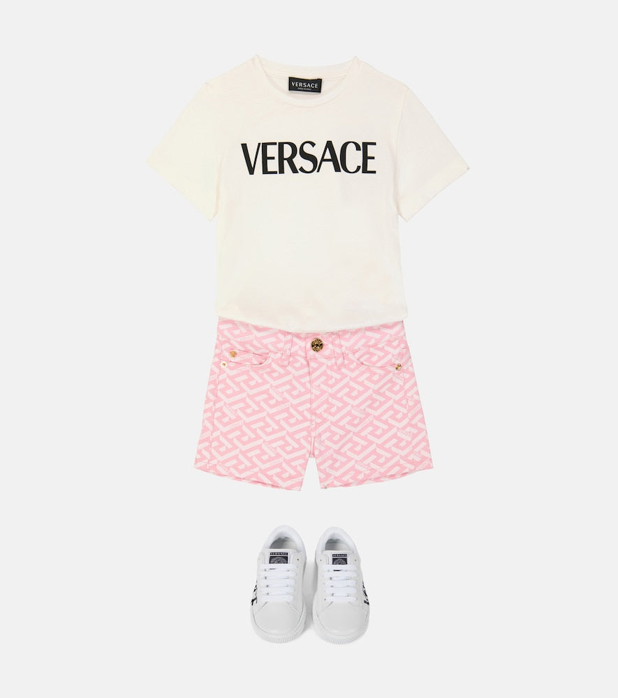 La Greca print cotton denim shorts