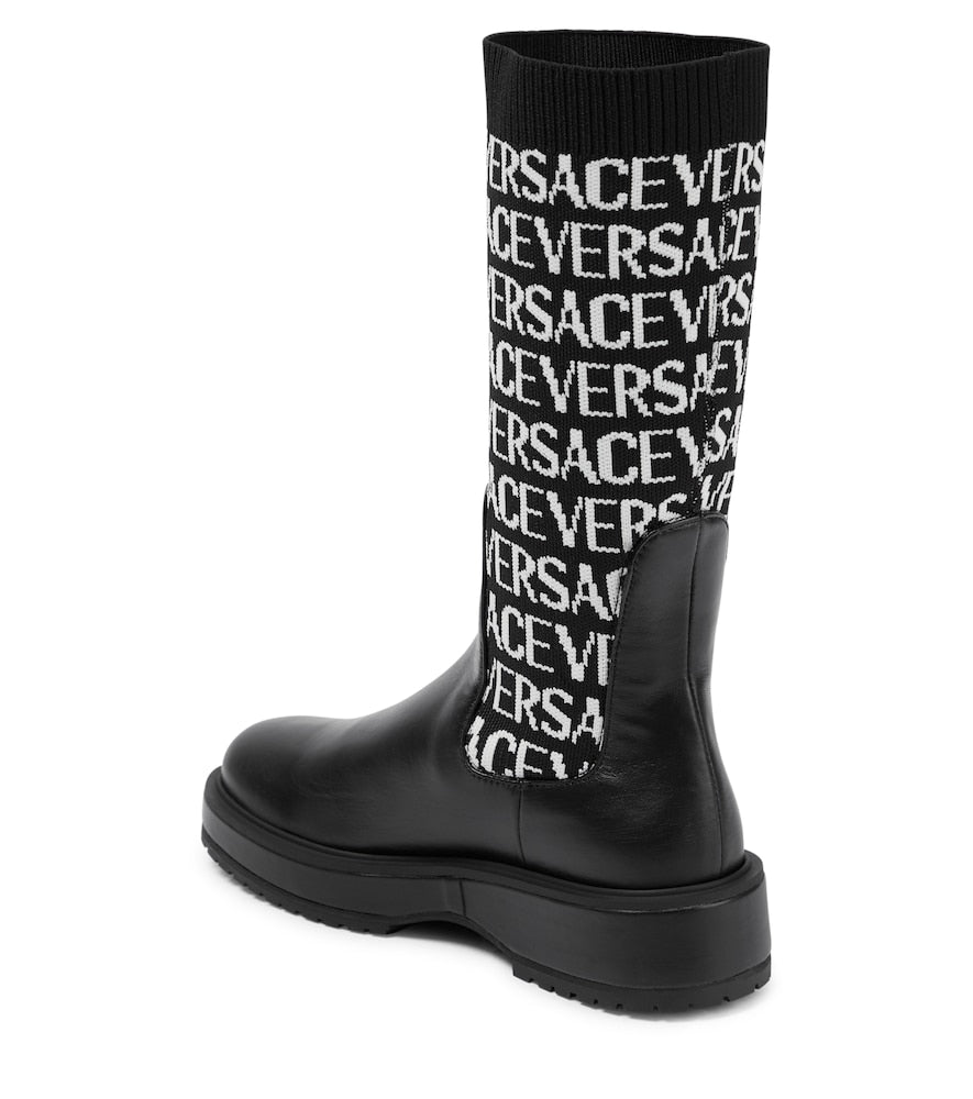 Jacquard knit-trimmed leather boots