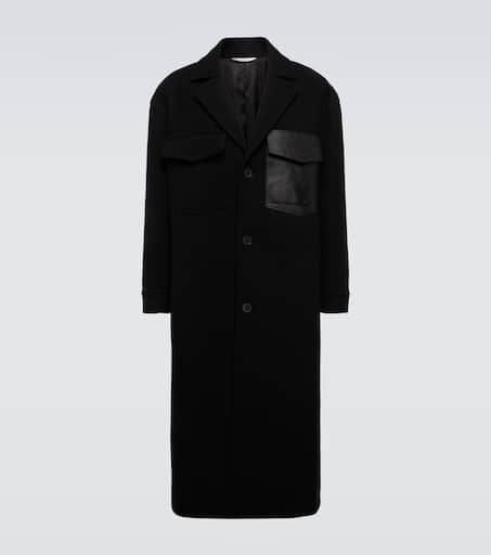 Leather-trimmed wool overcoat