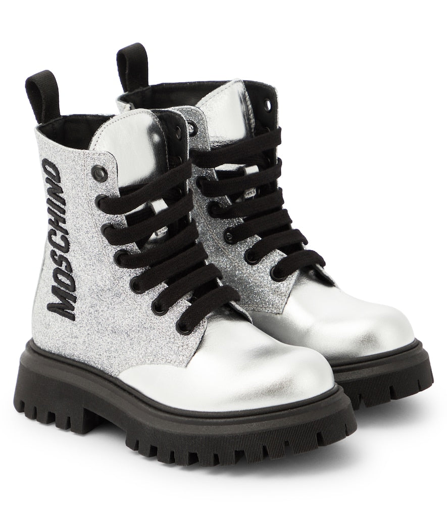 Logo glitter leather boots