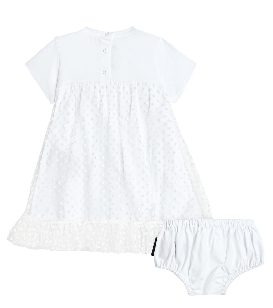 Polka-dot jersey and tulle dress and bloomers set