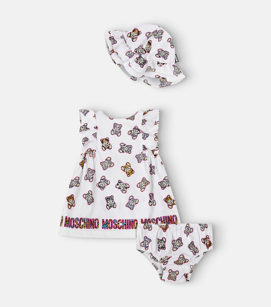 Baby cotton dress, bloomers and hat set
