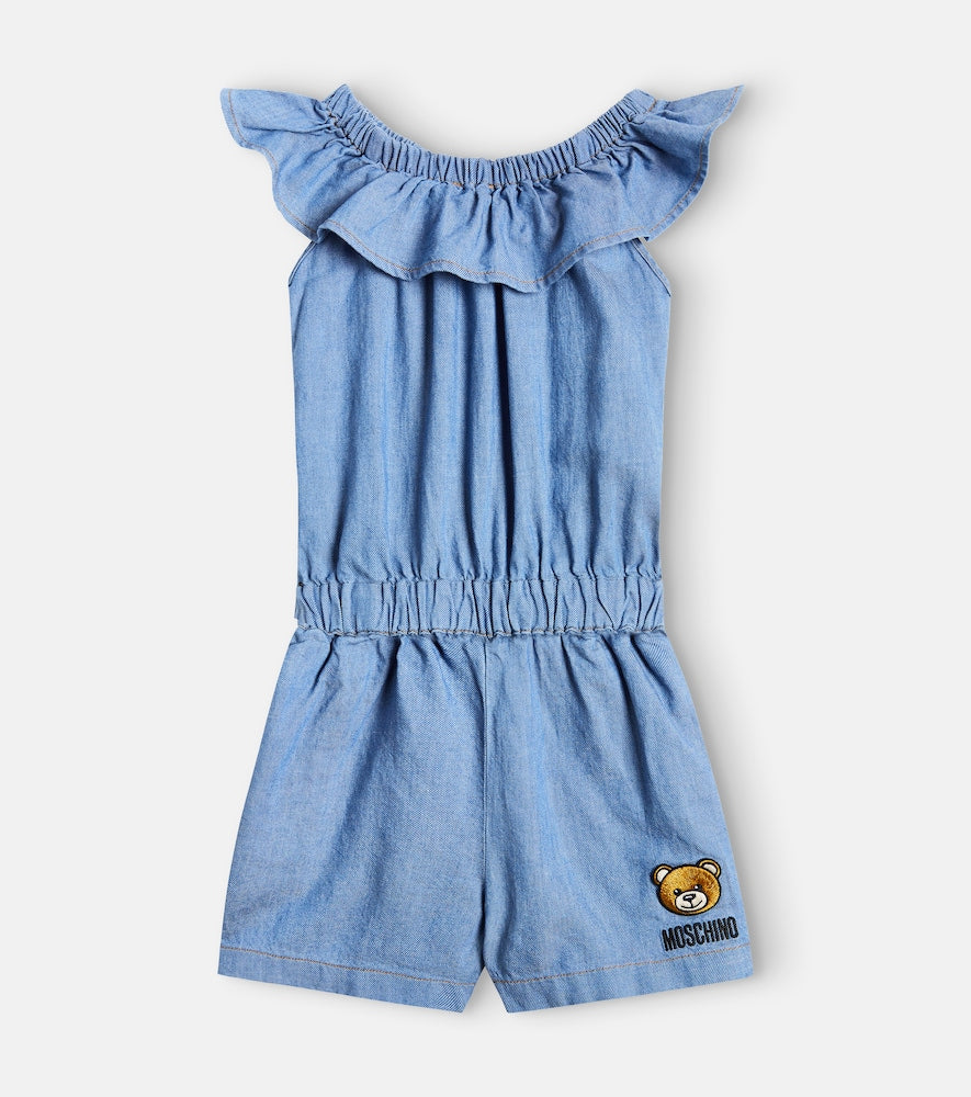 Embroidered denim playsuit