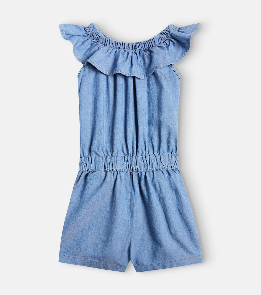 Embroidered denim playsuit