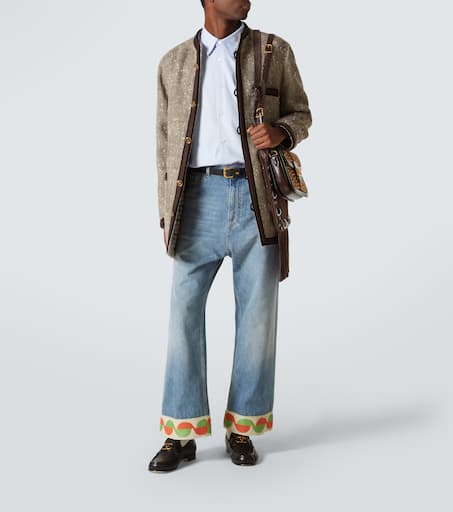 Jacquard-trimmed wide-leg jeans