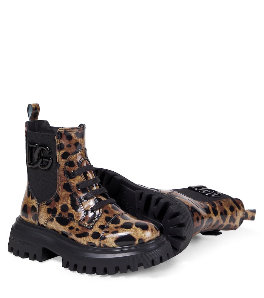 Leopard-print leather combat boots