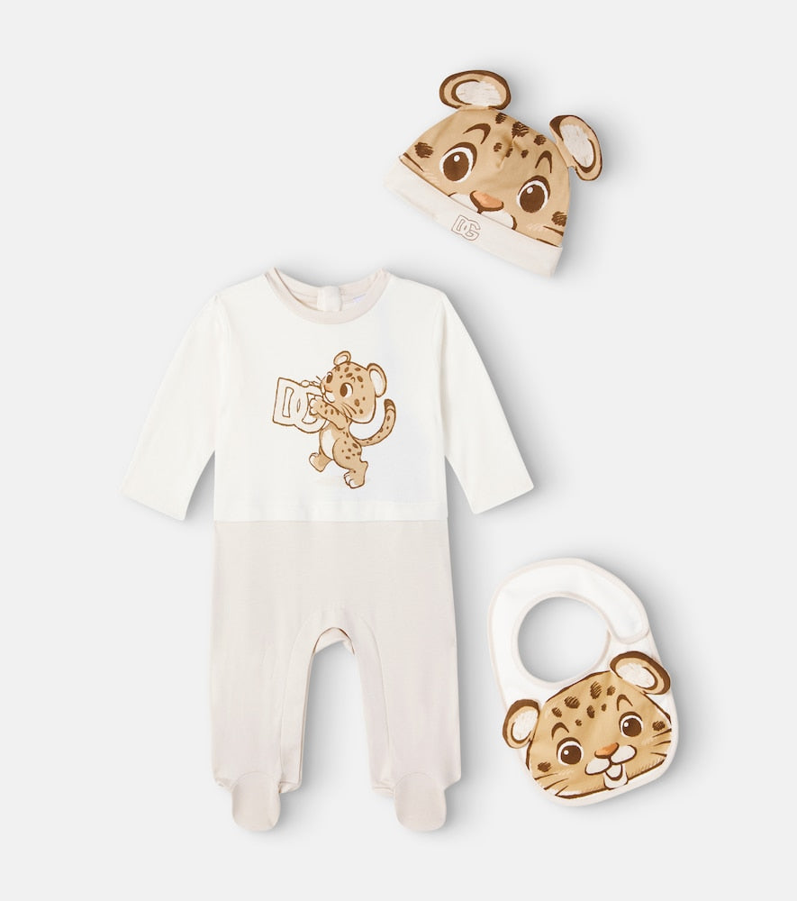 Baby set of printed cotton romper, bib and cap