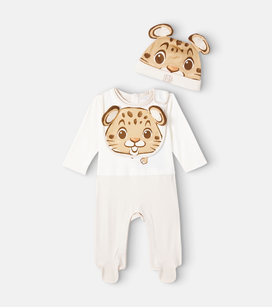 Baby set of printed cotton romper, bib and cap