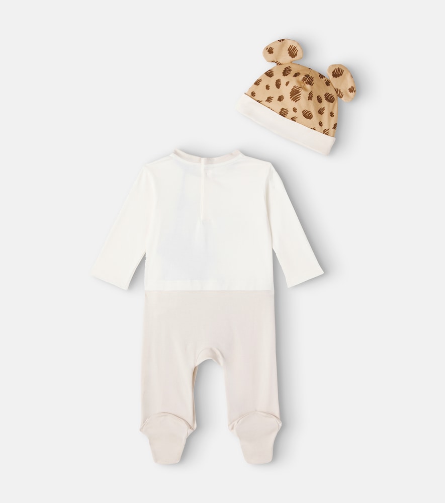 Baby set of printed cotton romper, bib and cap