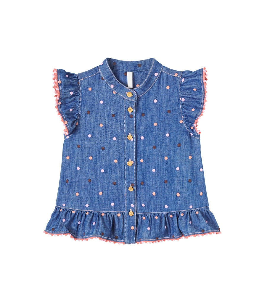 Embroidered polka-dot ruffled denim top