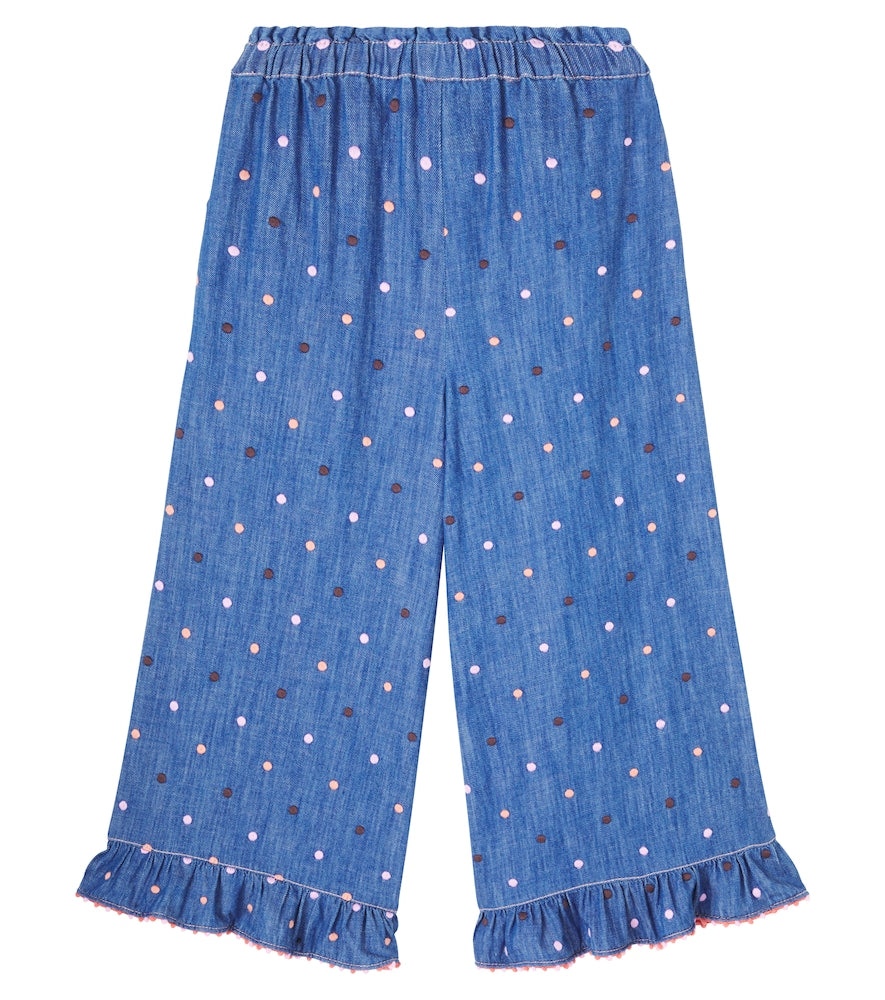 Embroidered polka-dot denim pants