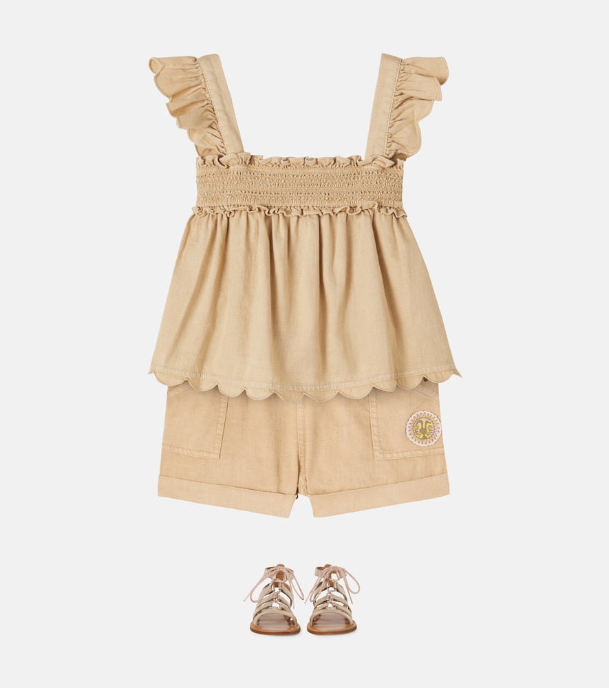 Wanderlust embroidered scalloped denim shorts