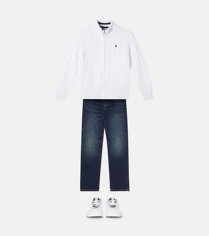 Cable-knit cotton zip-up sweater