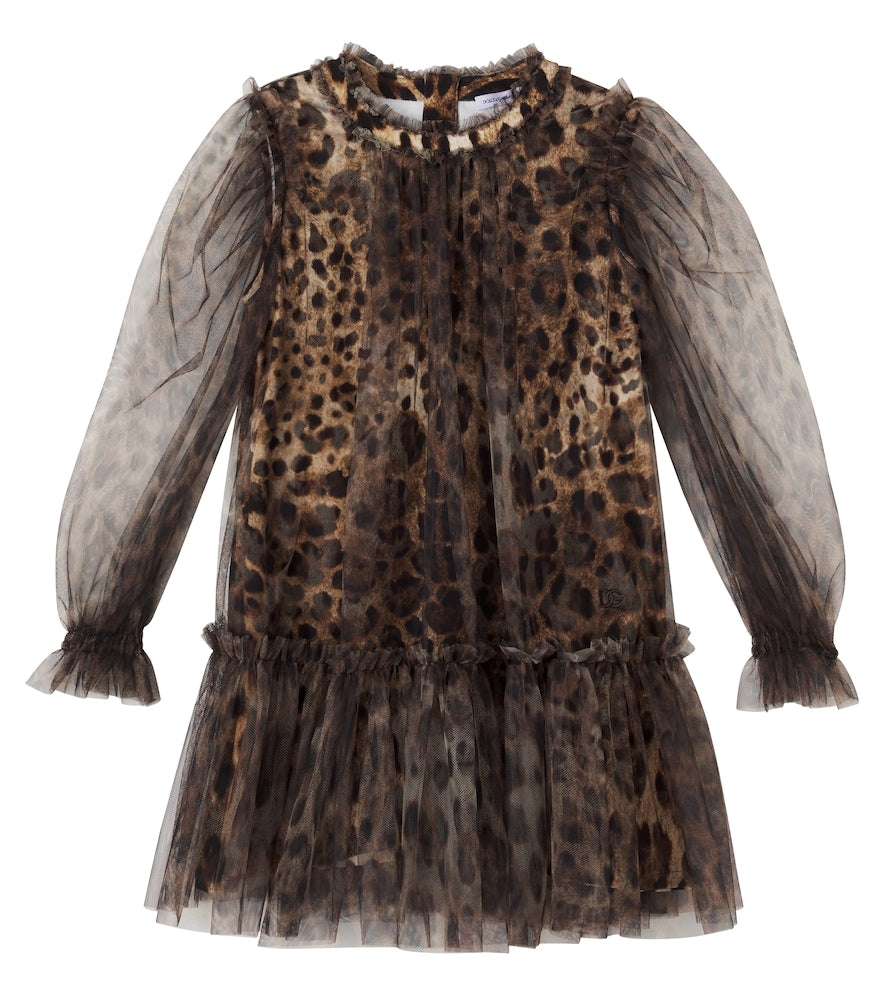 Leopard-print ruffled tulle dress