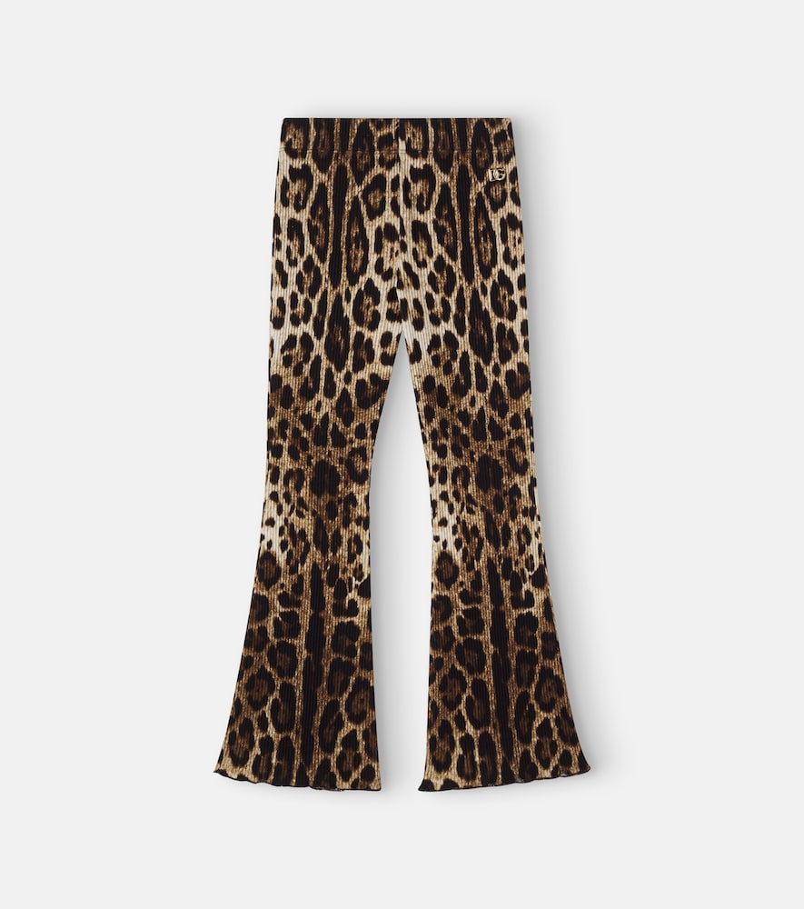 Leopard-print ribbed-knit cotton flared pants
