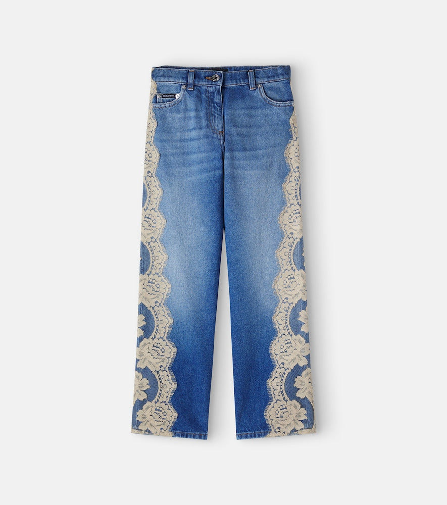Lace-trimmed straight jeans