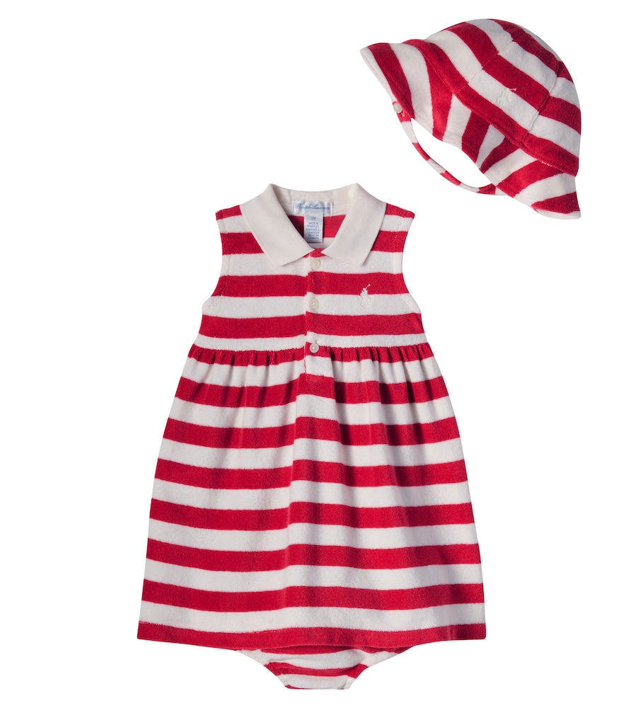 Baby cotton-blend dress, hat, and bloomers set