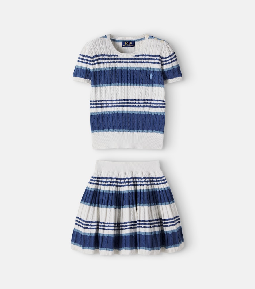 Cable-knit striped cotton sweater and skirt set