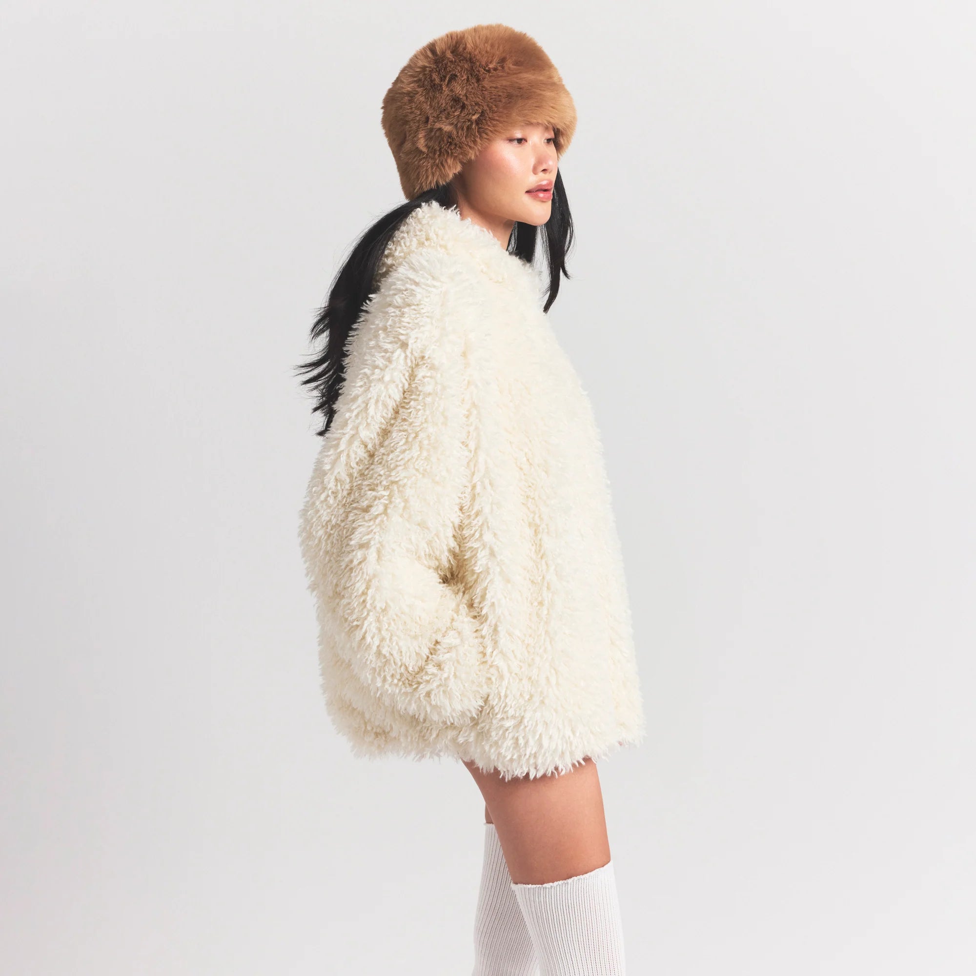 FAUX FUR HOODIE | EGRET