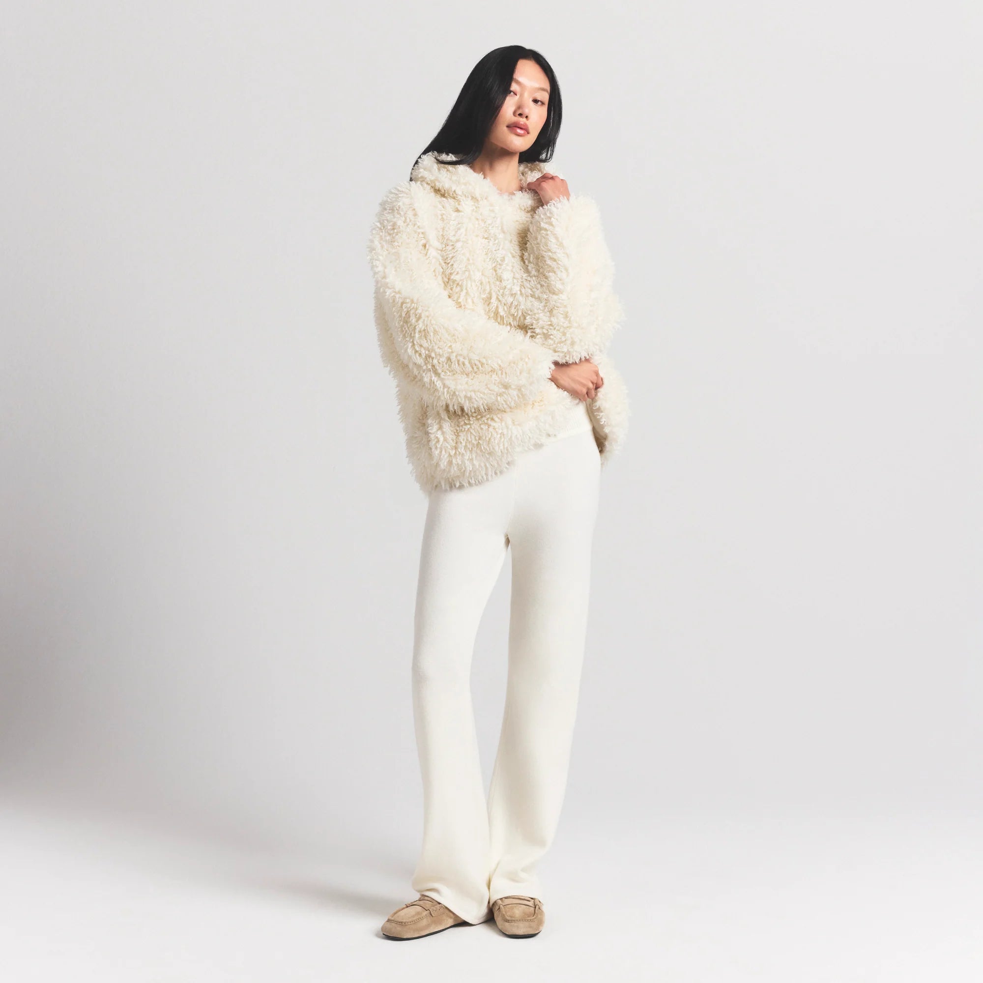 FAUX FUR HOODIE | EGRET
