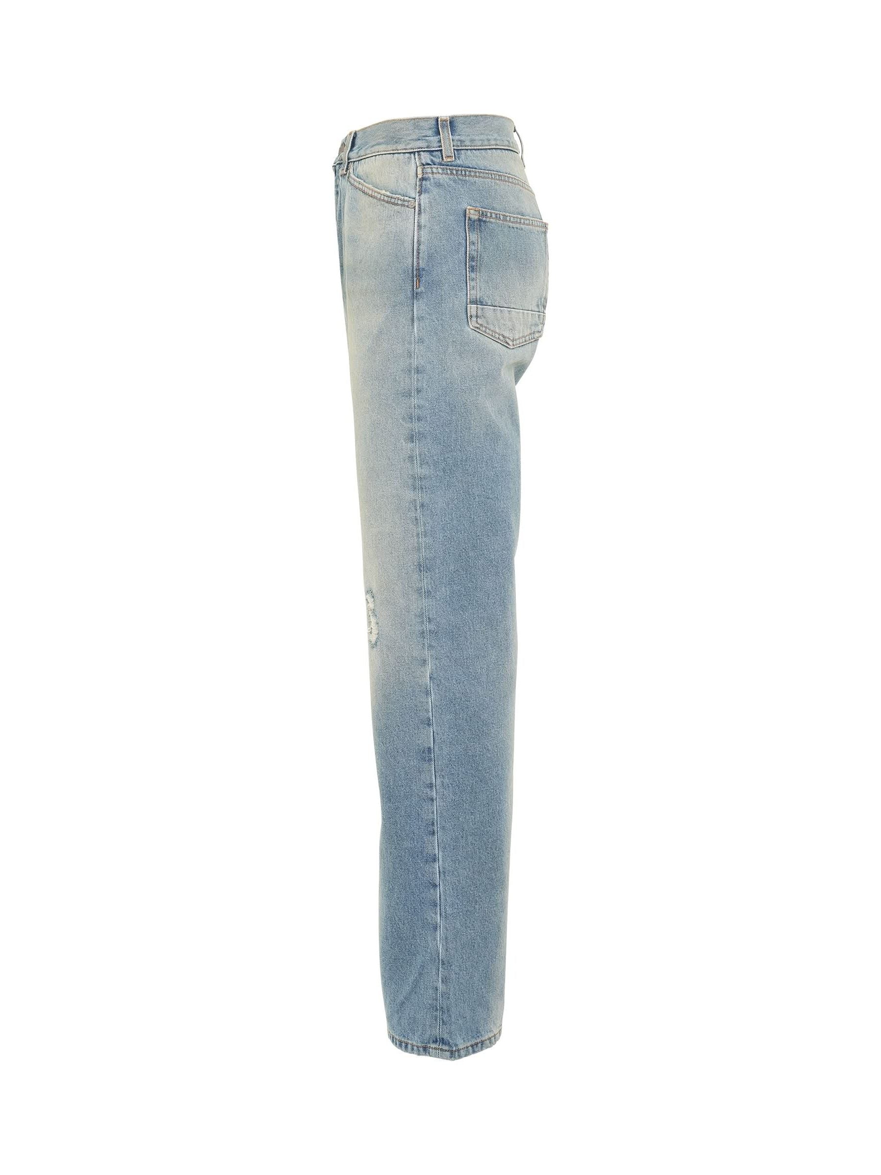 Monogram Embroidered Loose 5 Pockets Denim Jeans in Light Blue