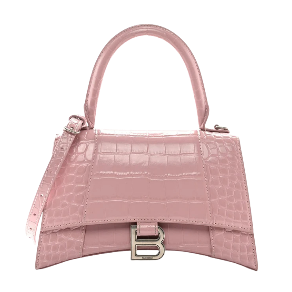 Shiny Calfskin Crocodile Embossed Small Hourglass Top Handle Bag Powder Pink