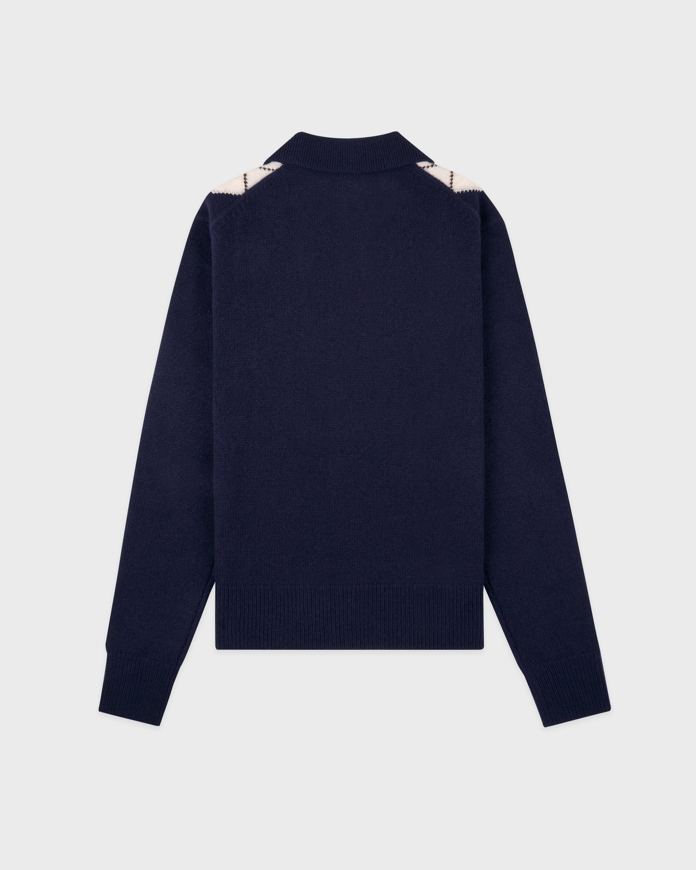 Serif Logo Argyle Cashmere Polo - Navy/Forest/Ecru