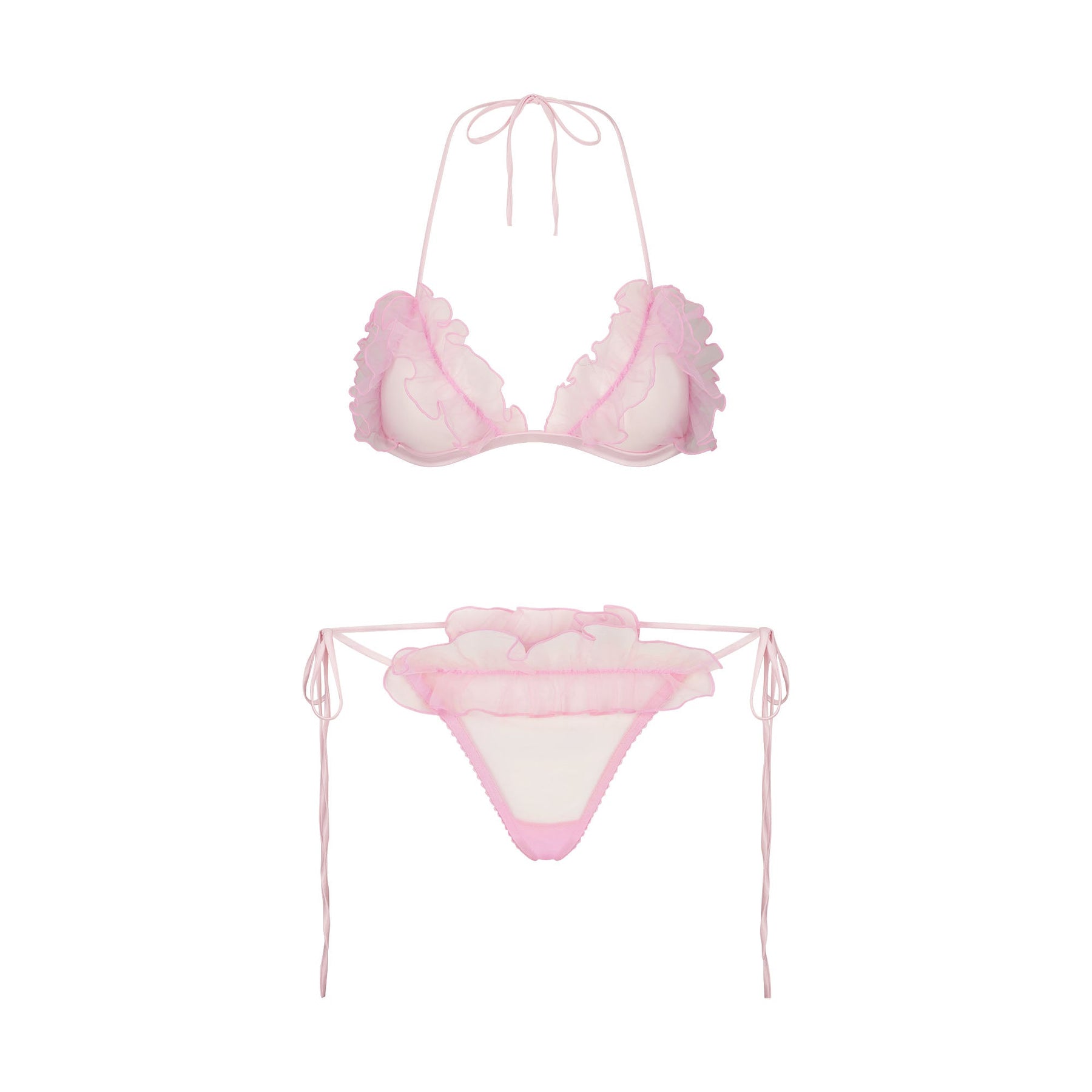 EMBROIDERED TULLE TIE BRALETTE AND THONG SET | BUBBLE GUM