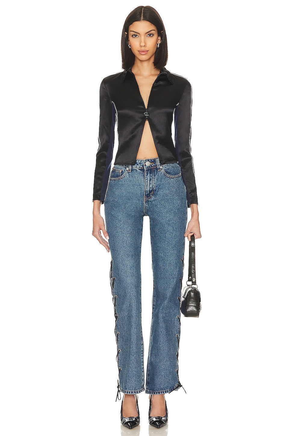 superdown Jayda Lace Up Jean in Mid Blue Wash