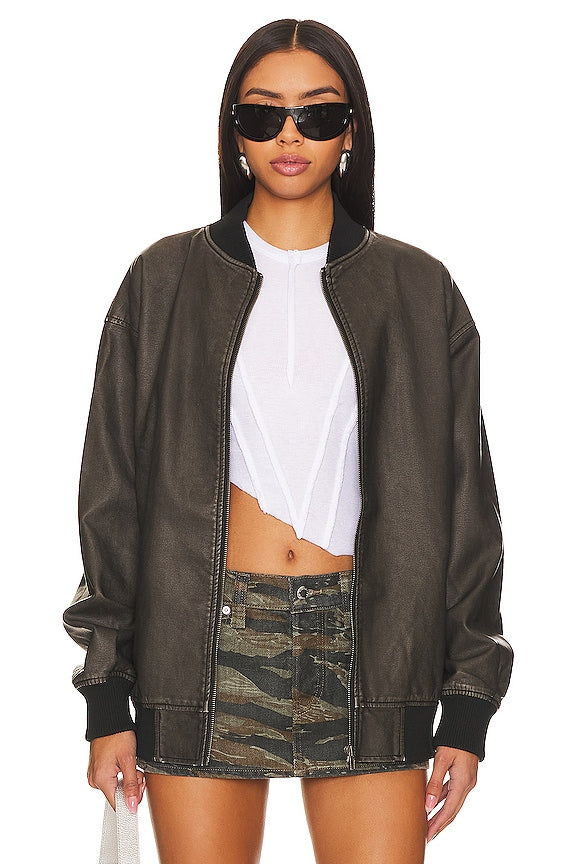 superdown Ariel Faux Leather Bomber in Black