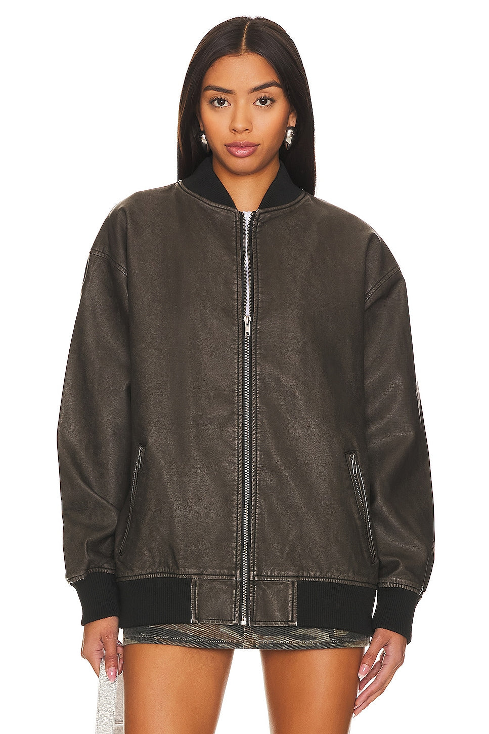 superdown Ariel Faux Leather Bomber in Black