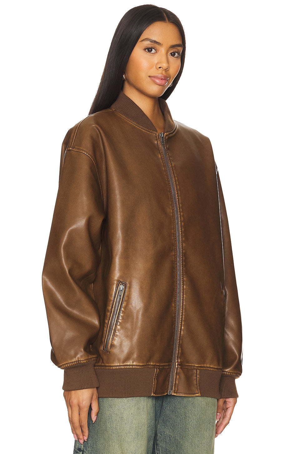 superdown Ariel Faux Leather Bomber in Brown