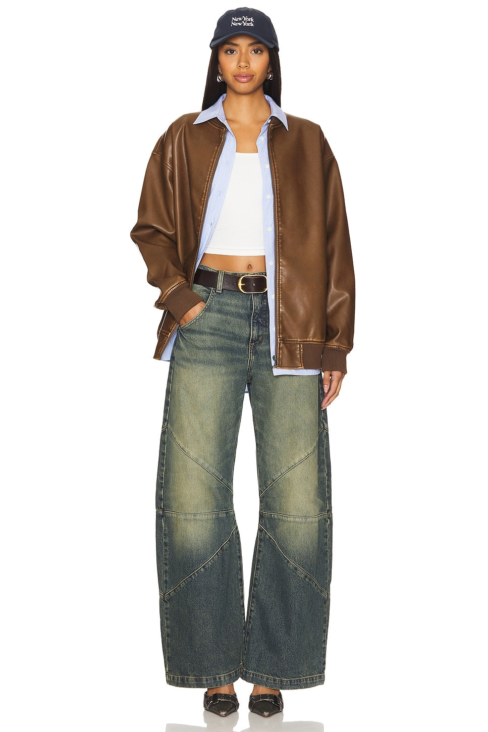 superdown Ariel Faux Leather Bomber in Brown