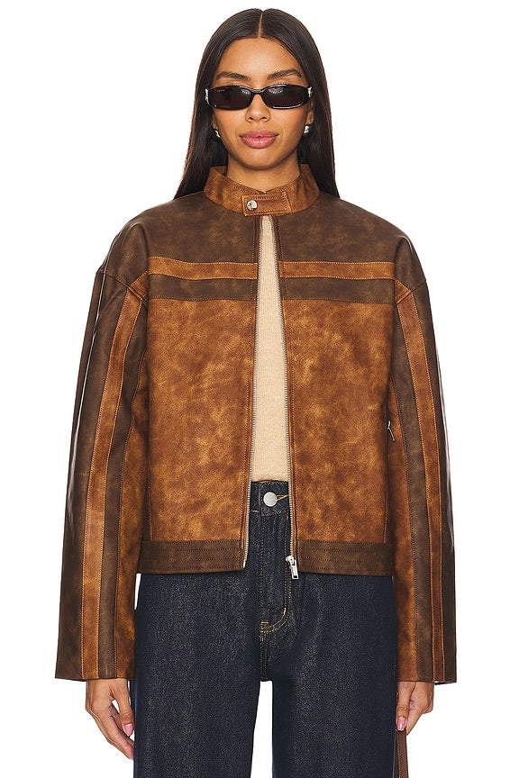 superdown Katrina Faux Leather Moto Jacket in Brown