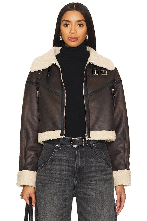 superdown Amelia Faux Leather Jacket in Brown
