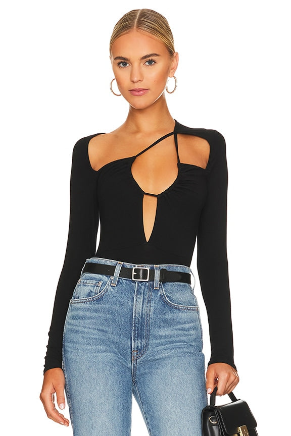superdown Aranza Ruched Bodysuit in Black