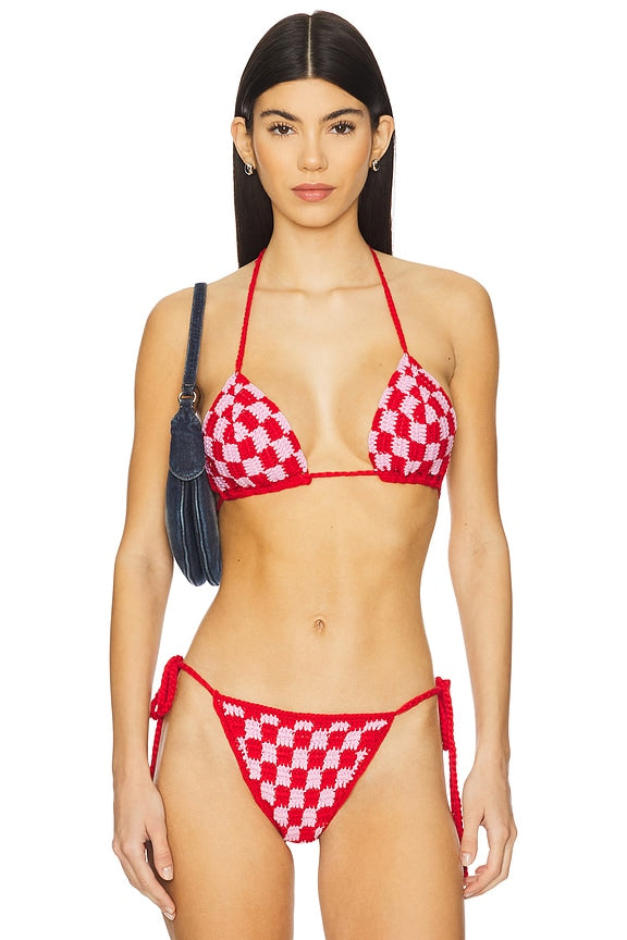 superdown Alessia Crochet Bikini Top in Pink & Red