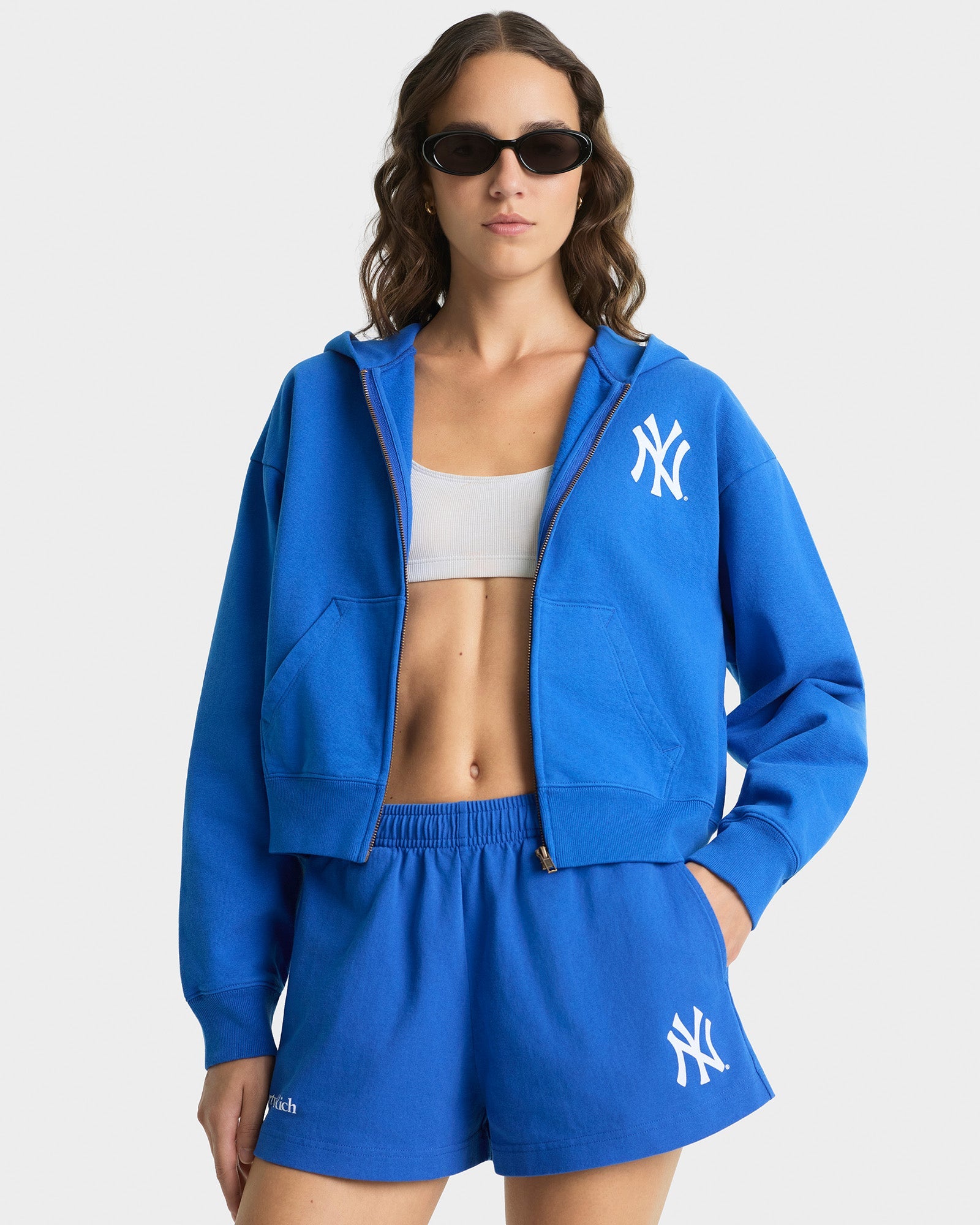 Yankees Serif Cropped Zip Hoodie - Team Blue/White
