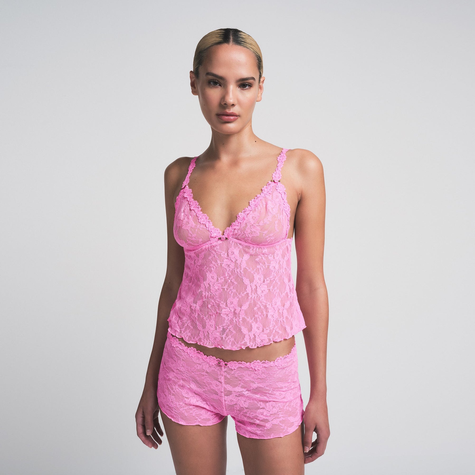 STRETCH LACE TRIANGLE CAMI AND SHORT SET | SUGAR PINK