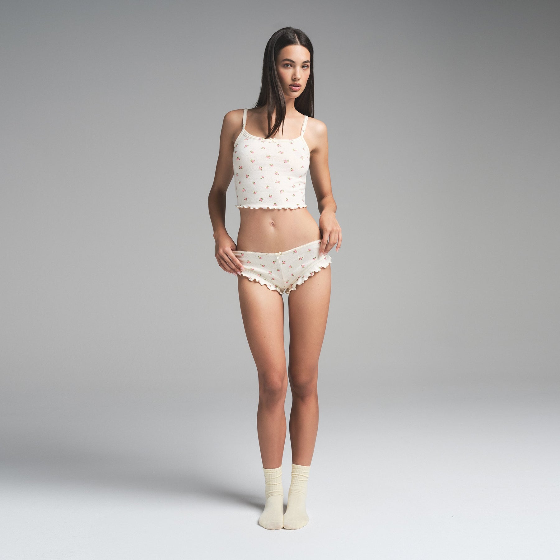 LOGO POINTELLE CROPPED CAMI SET | MARBLE PINK ROSEBUD PRINT