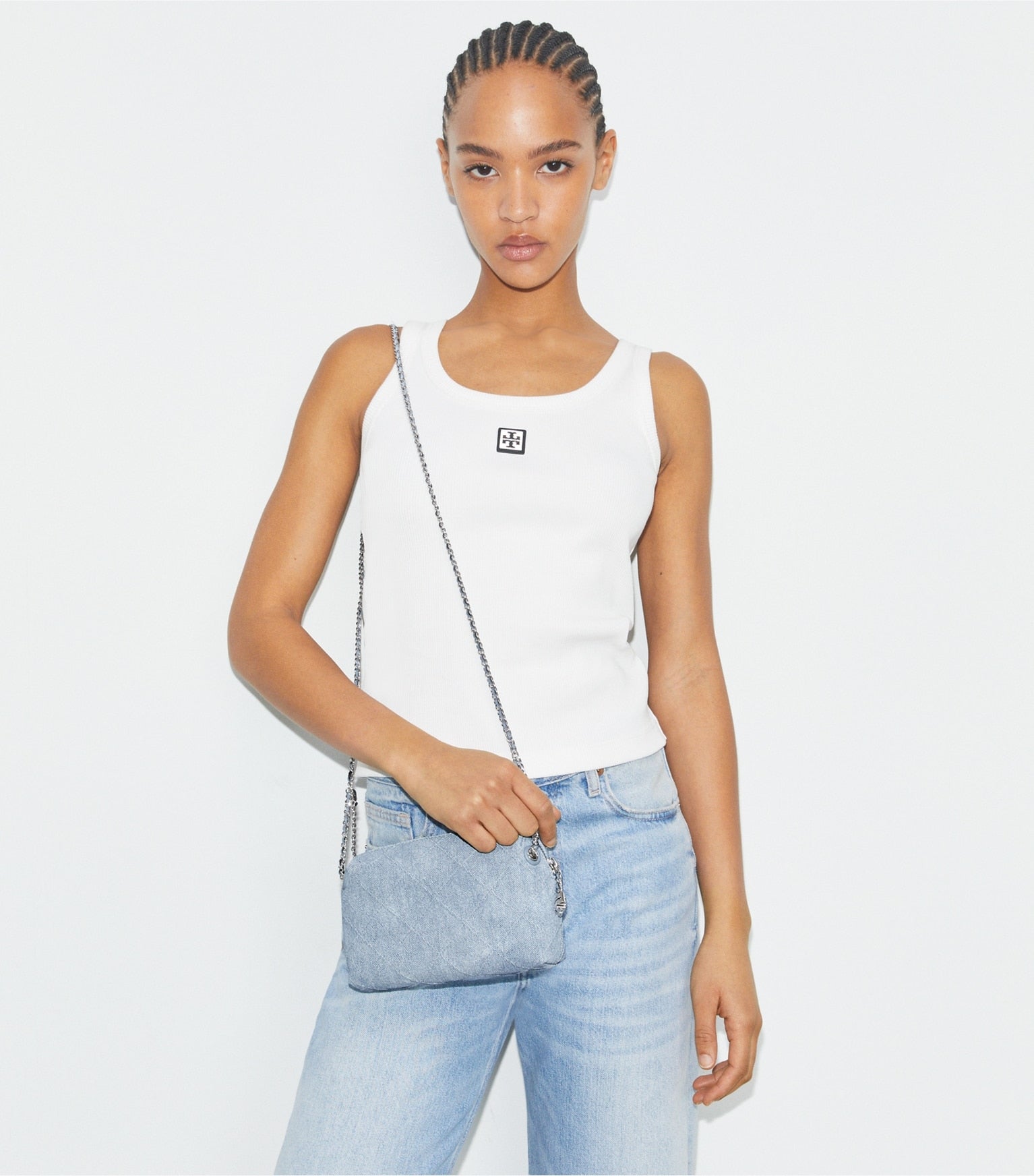 Fleming Soft Denim-Print Suede Crossbody Bag