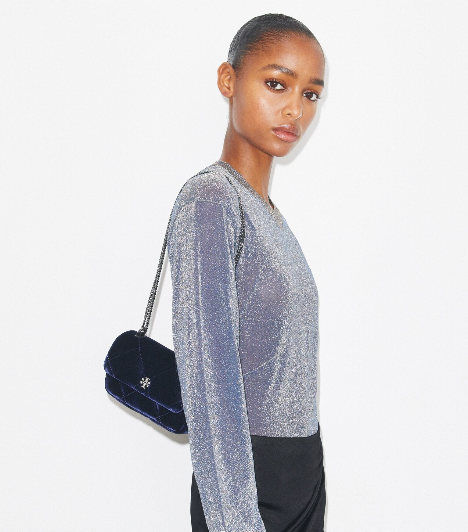 Mini Kira Diamond Quilt Velvet Pavé Flap Bag