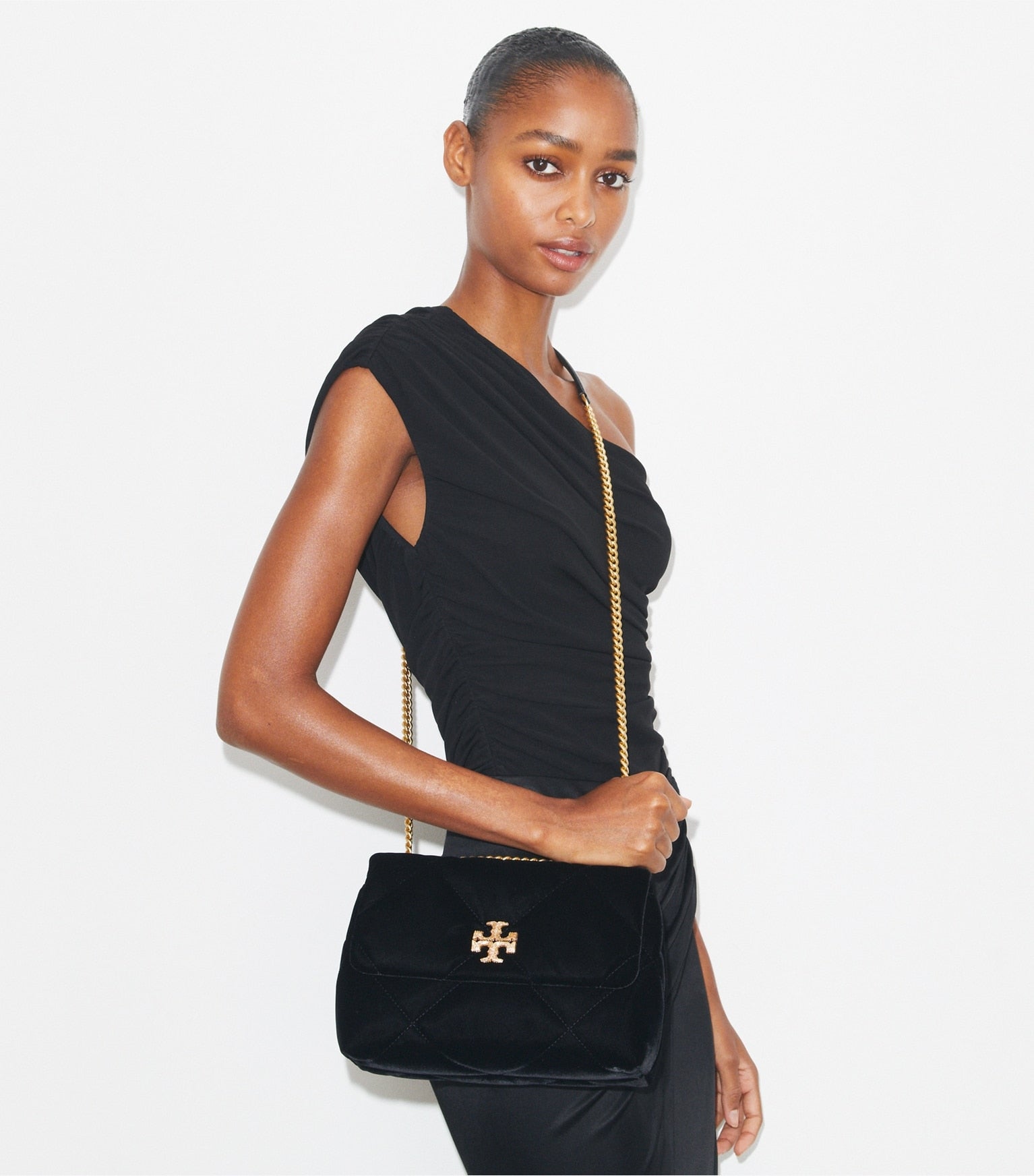 Small Kira Diamond Quilt Velvet Pavé Shoulder Bag