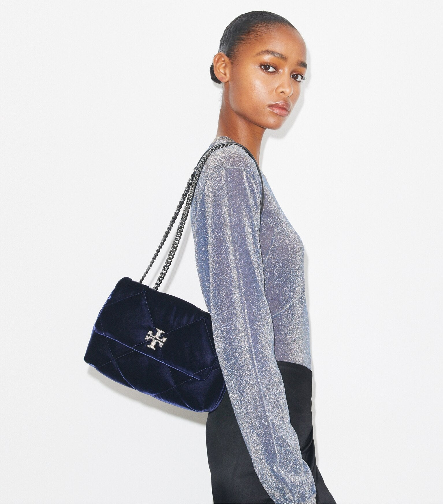 Small Kira Diamond Quilt Velvet Pavé Shoulder Bag