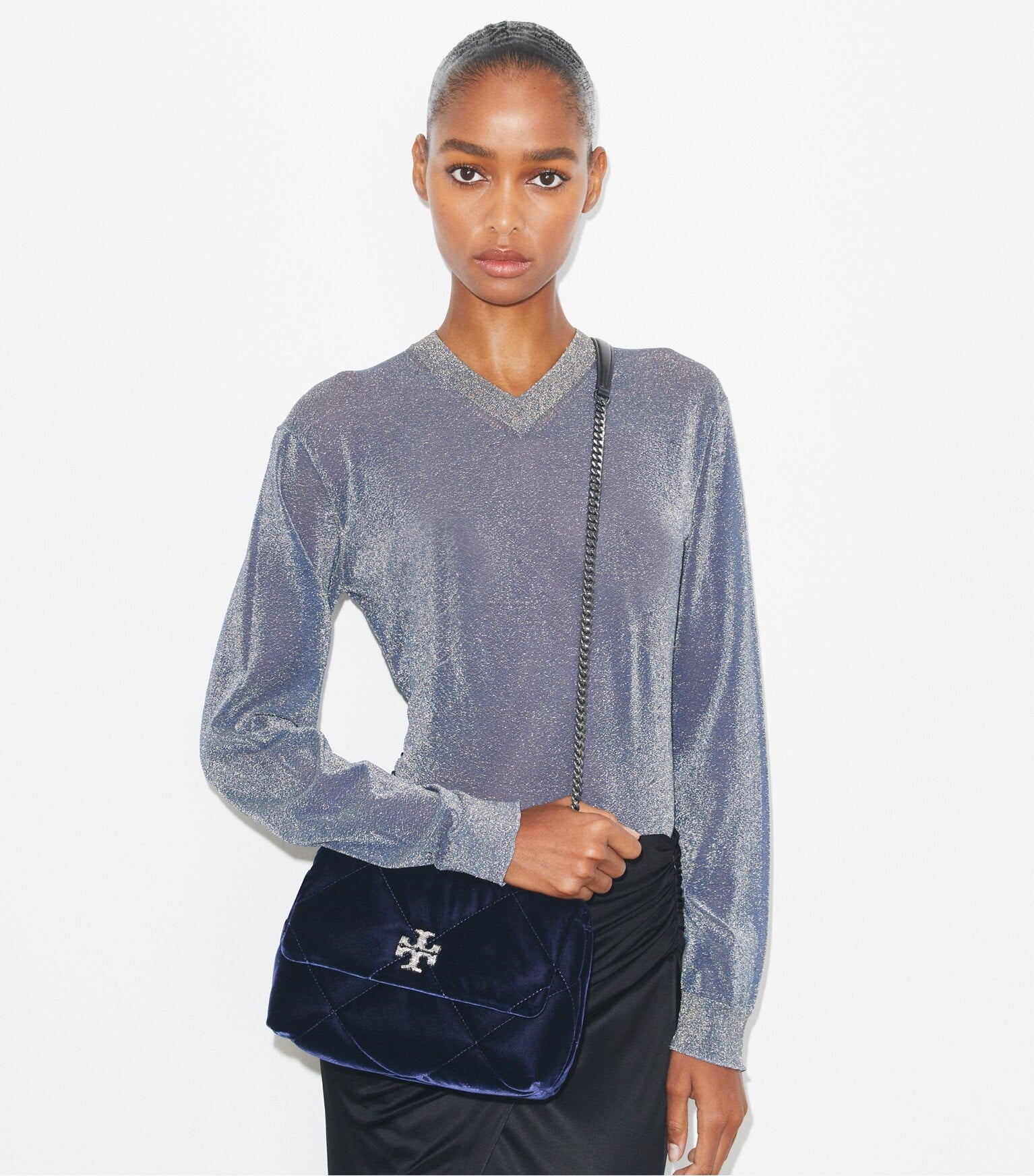 Small Kira Diamond Quilt Velvet Pavé Shoulder Bag