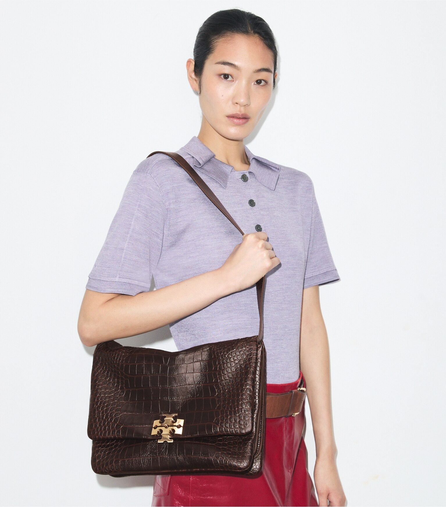Large Charlie Runway Croc-Embossed Shoulder Bag