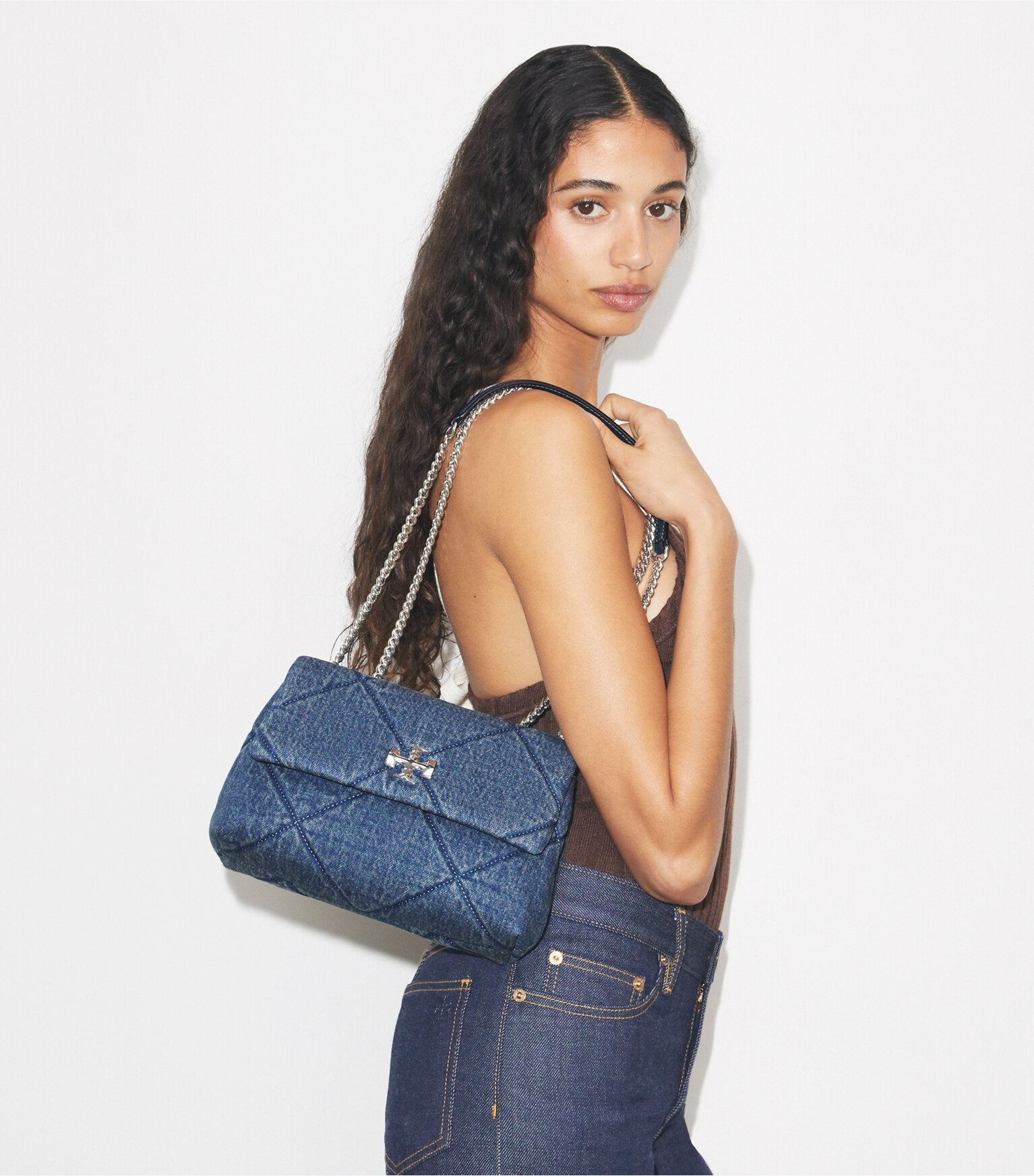 Small Kira Diamond Quilt Denim Shoulder Bag