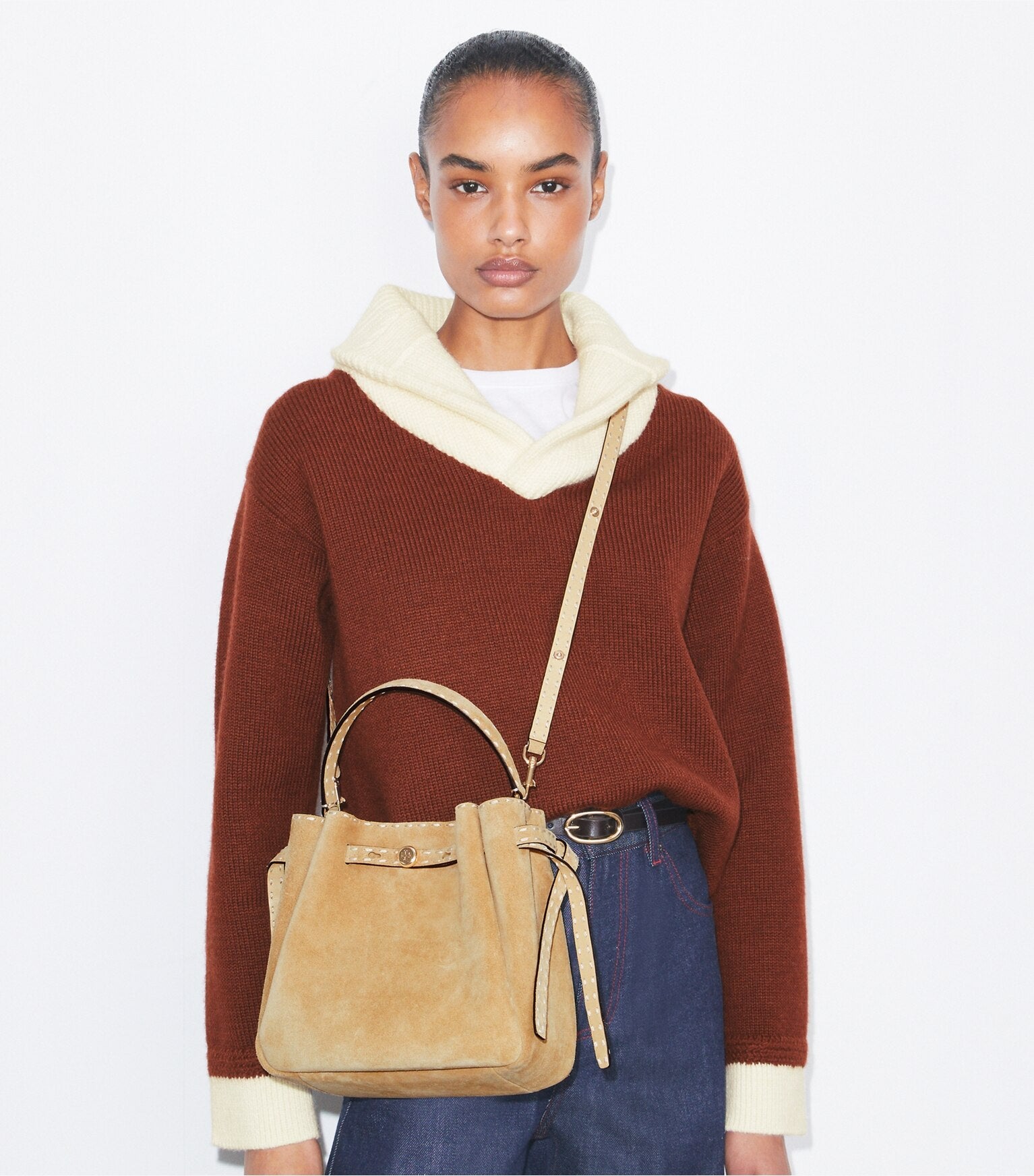 Romy Suede Pick Stitch Bucket Bag